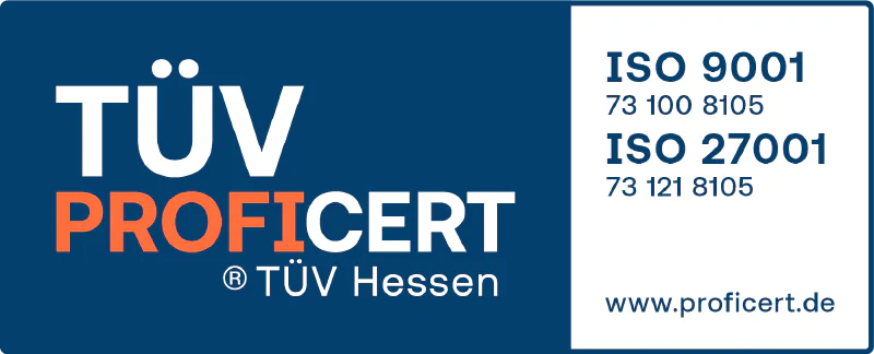 TÜV ProfiCert, TÜV Hessen: ISO 9001 (Zertifikat 73 100 8105) und ISO 27001 (Zertifikat 73 121 8105)