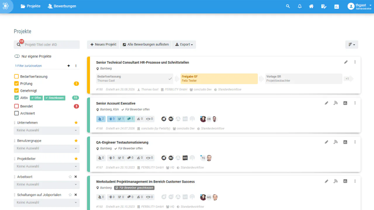 Projektübersicht in Concludis mit Freigabe-Workflow, Status und Kennzahlen je Stelle